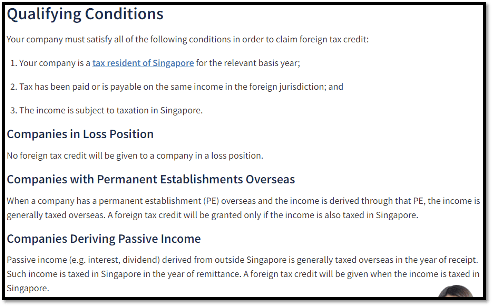 Foreign tax credit qualifying conditions in singapore
